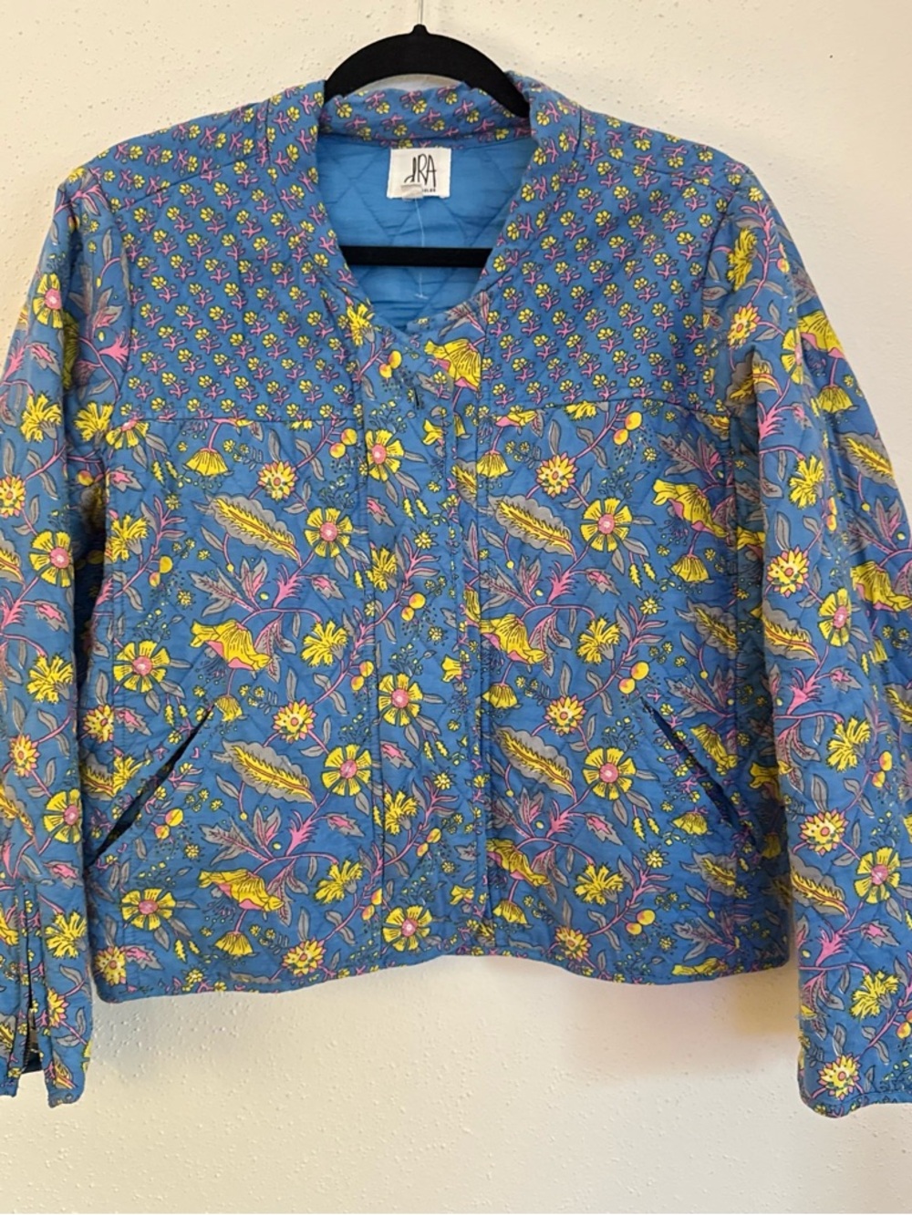 Quilted Floral Utility Jacket - Blue with Yellow & Pink Accents